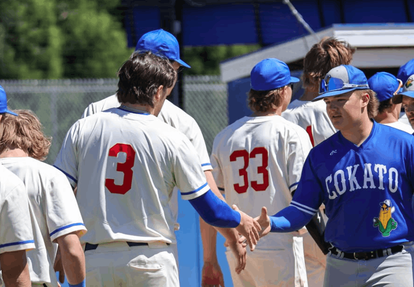 Hamel Hawks and Cokato Kernels shake hands post-game; photo credit: Koko Yoko Photography